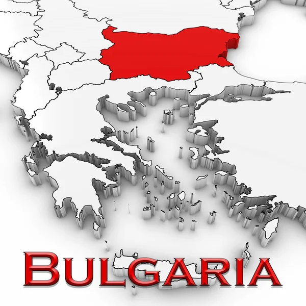 Mapa 3D de Bulgaria con el nombre del país resaltado rojo sobre fondo blanco Ilustración 3D —  Fotos de Stock