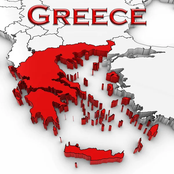 Mapa 3D da Grécia com o nome do país destacado vermelho no fundo branco ilustração 3D — Fotografia de Stock