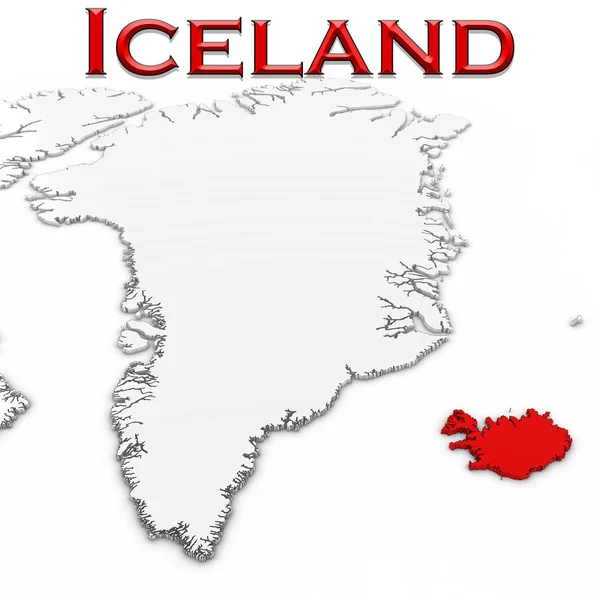 Mappa 3D dell'Islanda con il nome del paese In evidenza Rosso su sfondo bianco Illustrazione 3D — Foto Stock