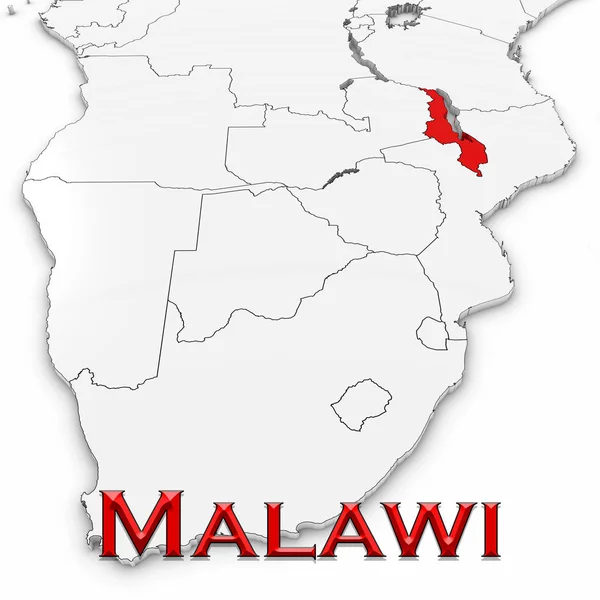 Mapa 3D de Malawi con el nombre del país resaltado rojo sobre blanco — Foto de Stock