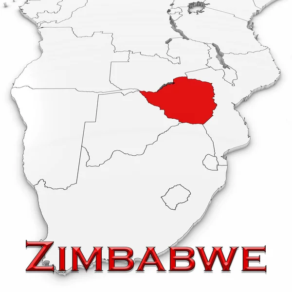 Mapa 3D de Zimbabue con el nombre del país resaltado rojo en blanco Ba —  Fotos de Stock