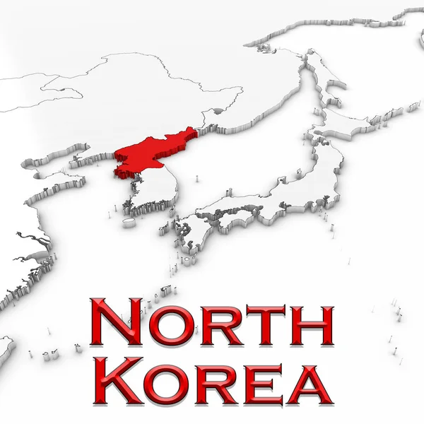 Mapa 3D de Corea del Norte con el nombre del país resaltado rojo sobre blanco — Foto de Stock