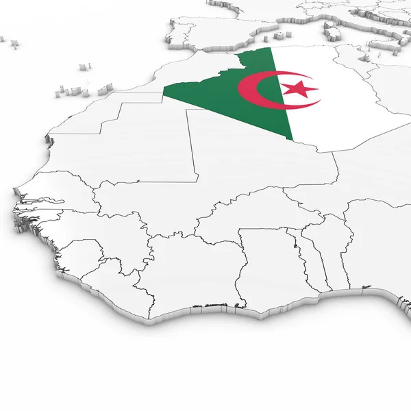 Mapa 3D de Argelia con Bandera de Argelia sobre Fondo Blanco 3D Illu —  Fotos de Stock