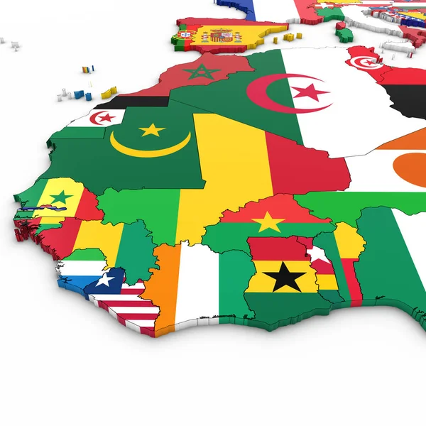 Mapa 3D da África Ocidental com bandeiras nacionais em fundo branco 3D — Fotografia de Stock