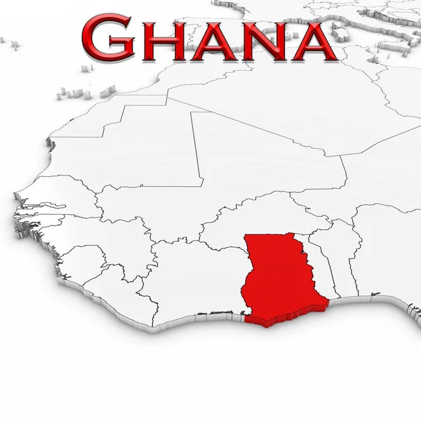 Mapa 3D de Ghana con el nombre del país resaltado rojo en el respaldo blanco — Foto de Stock