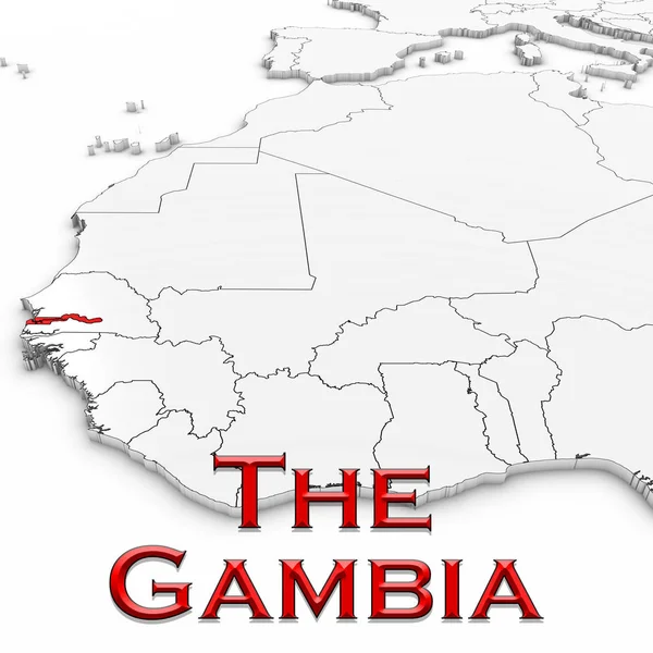 Mapa 3D de Gambia con el nombre del país resaltado rojo sobre blanco — Foto de Stock