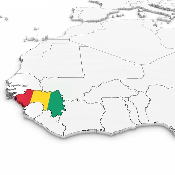 Mapa 3D de Guinea con Bandera de Guinea sobre fondo blanco 3D Illust —  Fotos de Stock