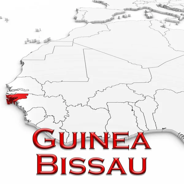Mapa 3D de Guinea-Bissau con el nombre del país resaltado rojo en Whi — Foto de Stock