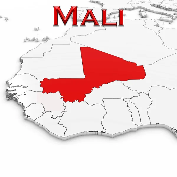 Mapa 3D de Malí con el nombre del país resaltado rojo sobre blanco Backgr — Foto de Stock