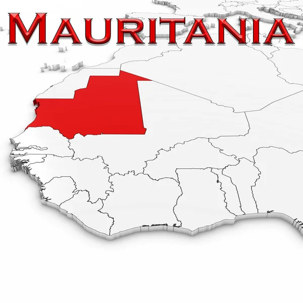 Mapa 3D de Mauritania con el nombre del país resaltado rojo sobre blanco — Foto de Stock