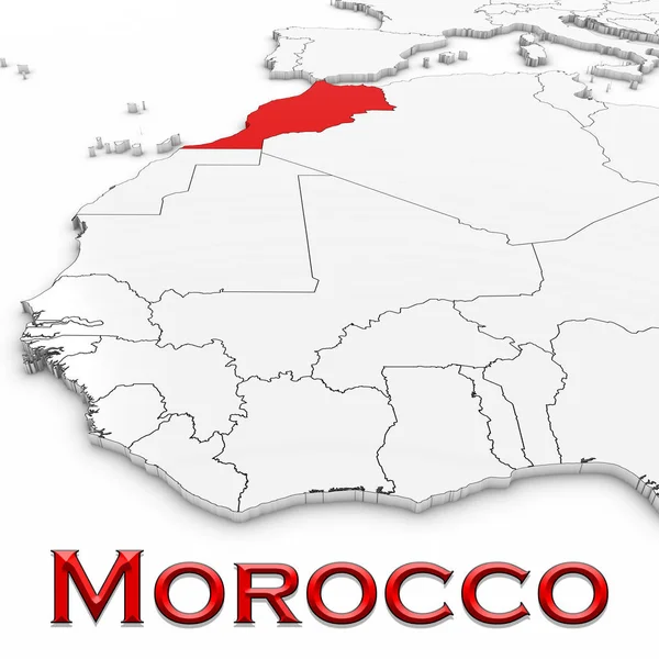 Mapa 3D de Marruecos con el nombre del país resaltado rojo en blanco Bac — Foto de Stock