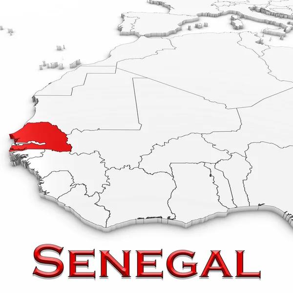 Mapa 3D de Senegal con el nombre del país resaltado rojo en blanco Bac — Foto de Stock