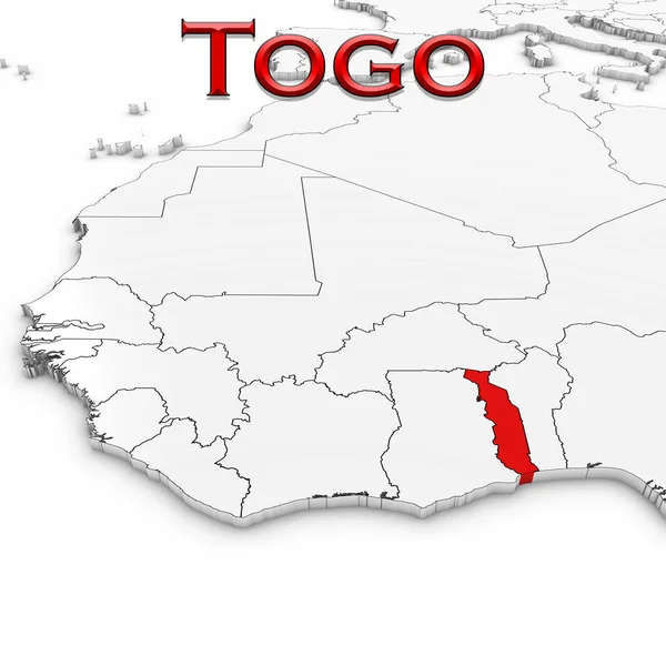 Mapa 3D de Togo con el nombre del país resaltado rojo sobre blanco Backgr — Foto de Stock