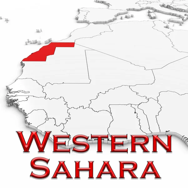 Mapa 3D de Sahara Occidental con el nombre del país resaltado rojo en Wh — Foto de Stock
