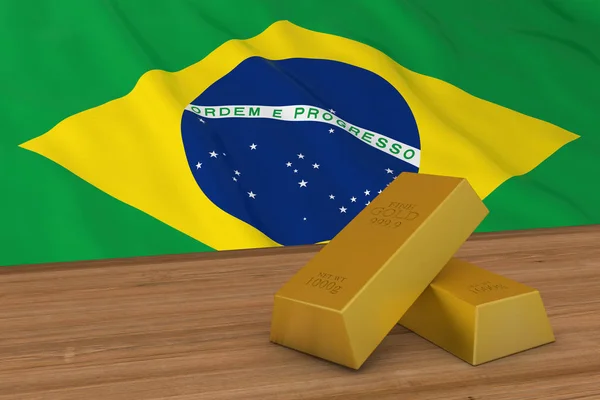 Концепція Бразилії Фінанси - золоті злитки перед Бразильський прапор 3d ілюстрація — стокове фото