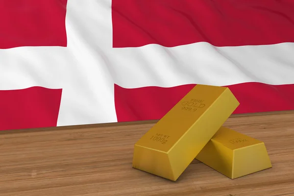 Denmark Finance Concept - Gold Bars in front of Danish Flag 3D Illustration — Stock Photo, Image