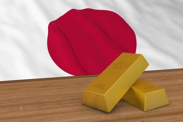 Conceito de Finanças do Japão - barras de ouro na frente da bandeira japonesa ilustração 3D — Fotografia de Stock