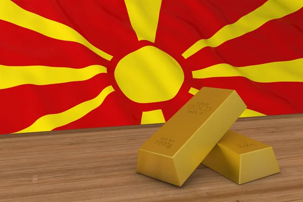 Conceito de Finanças da Macedônia - barras de ouro na frente da bandeira macedônia ilustração 3D — Fotografia de Stock