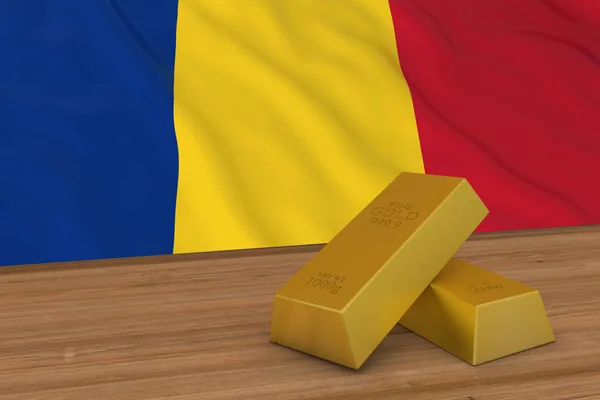 罗马尼亚金融概念-金条在罗马尼亚国旗 3d 图 — 图库照片