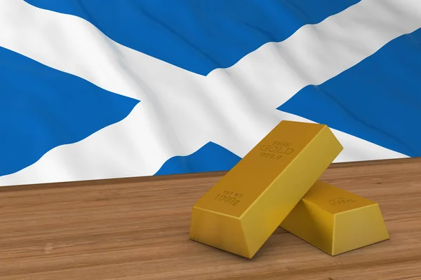 Scotland Finance Concept - lingotti d'oro davanti alla bandiera scozzese Illustrazione 3D — Foto Stock