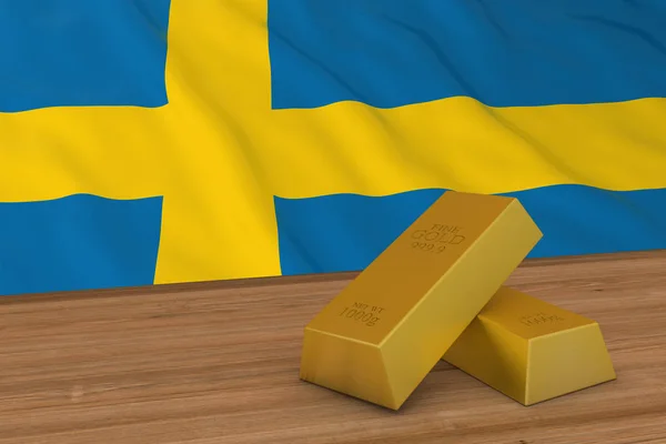 Koncepcja finansów Szwecji - sztabki złota przed flagą szwedzką ilustracja 3d — Zdjęcie stockowe