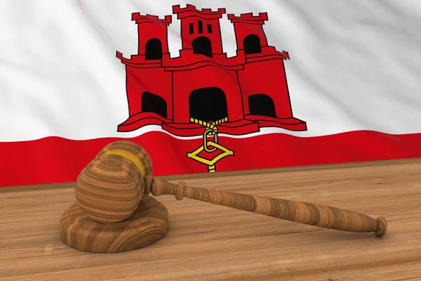 Gibraltan wet Concept - vlag van Gibraltar achter rechter hamer 3d illustratie Stockfoto
