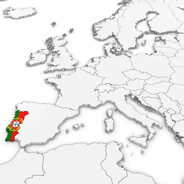 Mapa 3D de Portugal com Bandeira Portuguesa em Fundo Branco Ilustração 3D Fotos De Bancos De Imagens