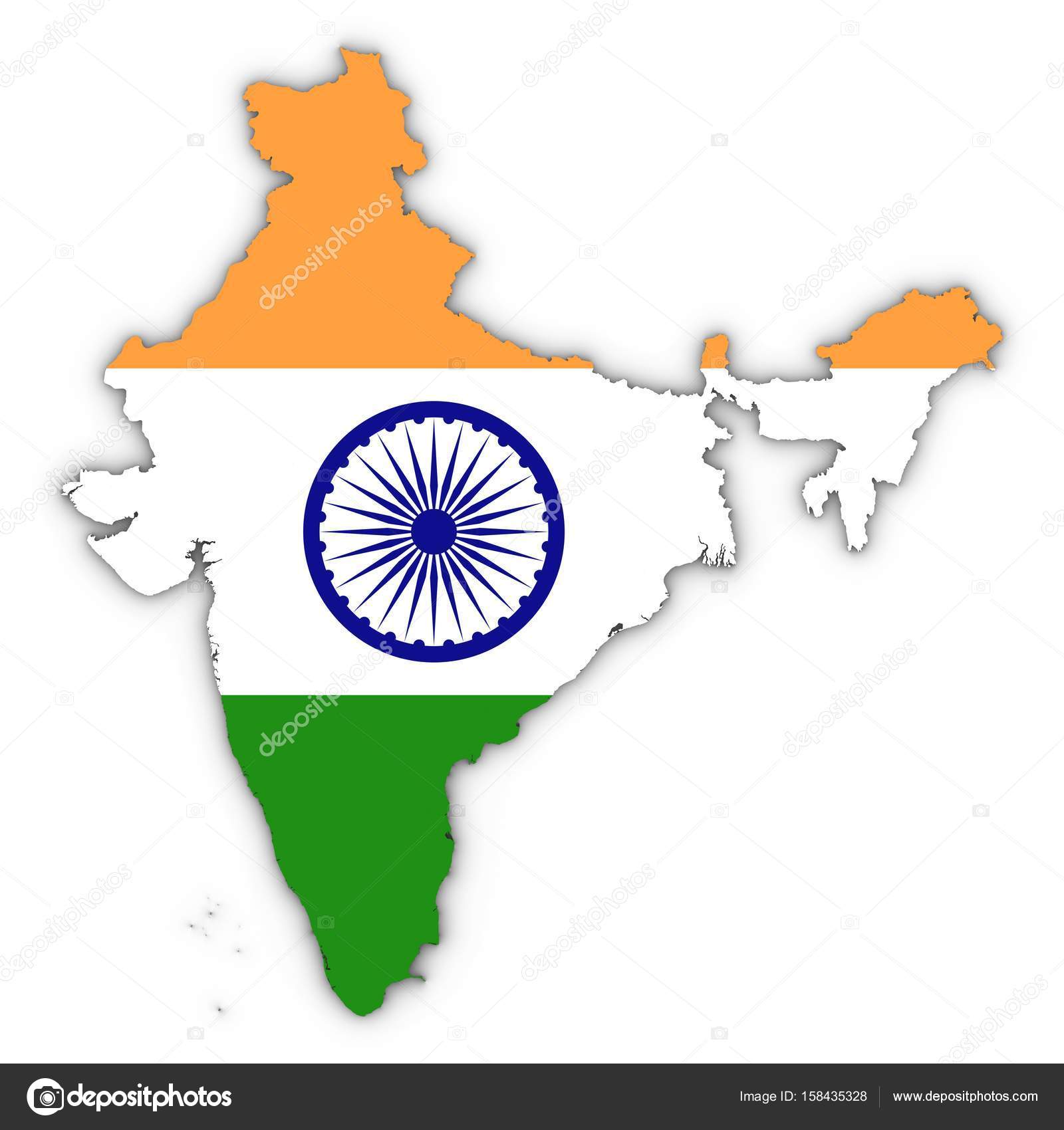 India Map Outline With Indian Flag On White With Shadows 