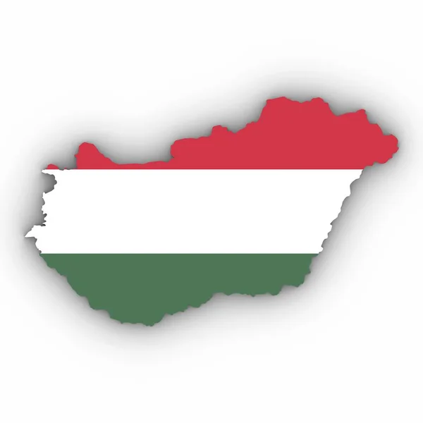Ungarische Landkarte Umriss mit ungarischer Flagge auf weiß mit Schatten 3d — Stockfoto