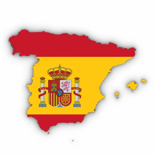 Spagna Mappa Profilo con bandiera spagnola su bianco con ombre 3D Ill — Foto Stock