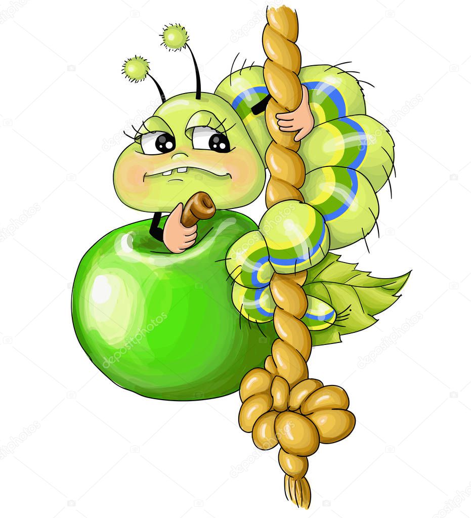 vector illustrations green apple caterpillar wnite background