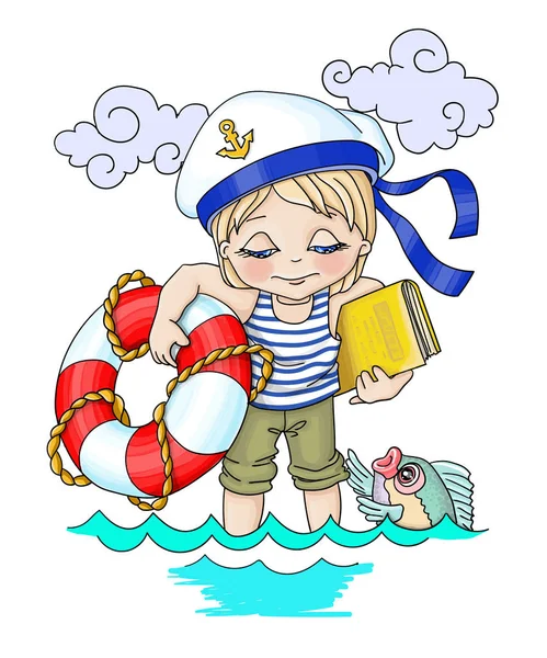 .Desenho animado vetorial ilustração relaxamento do mar, menino-marinheiro com um círculo estreito —  Vetores de Stock
