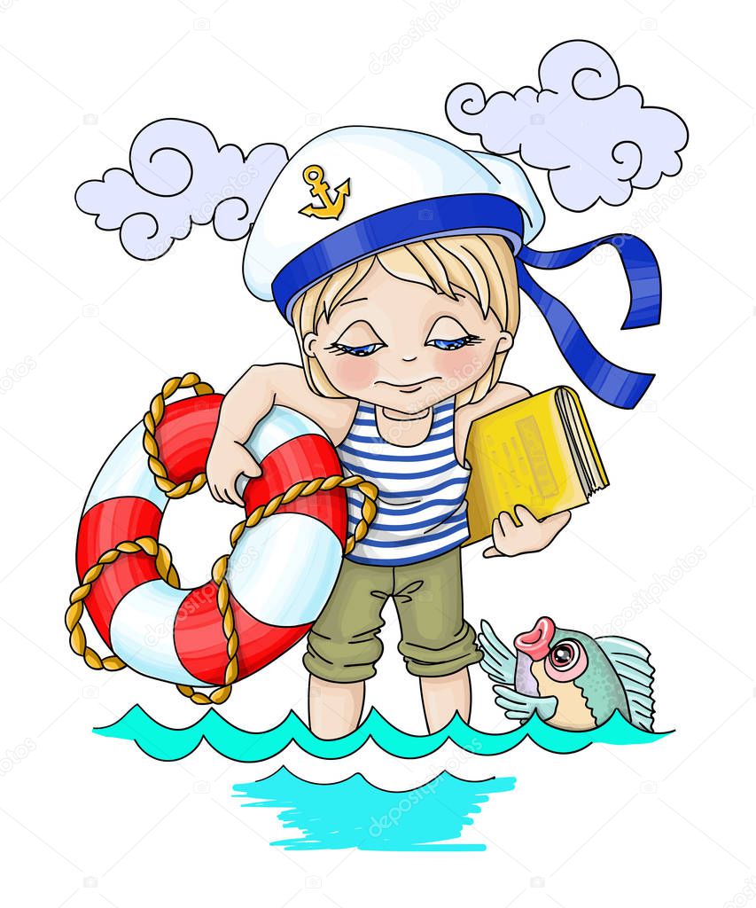 .Vector cartoon illustration relaxation the sea,boy-seafarer with a narrow circle