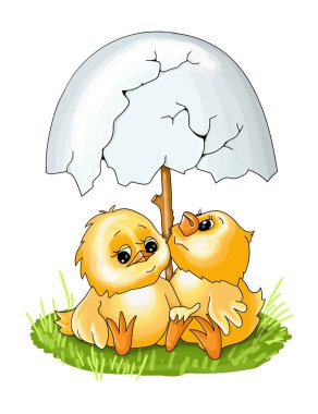 simple card illustration of two funny cartoon chickens in love under an umbrella