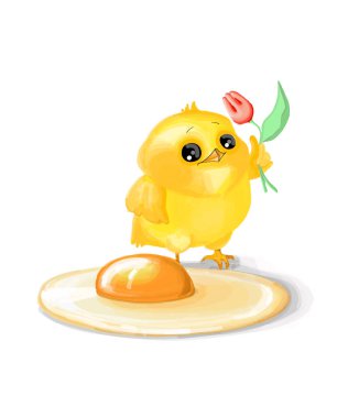 simple card illustration of two funny cartoon chickens in love,egg