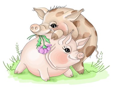 Vektör çizimi. İki yavru domuzcuk. Birbirlerine aşık.