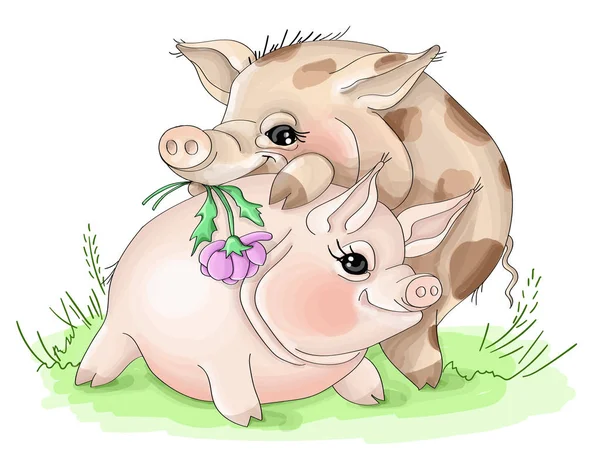两个小猪宝宝恋爱中的男孩和女孩 免版税图库矢量图片