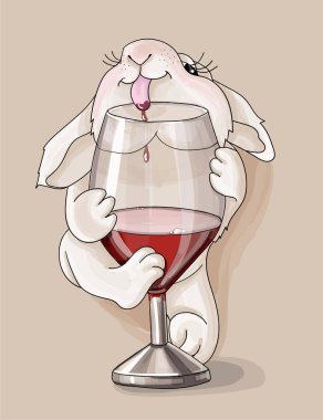 vector illustrations valentine is bunny with a glass of red wine clipart
