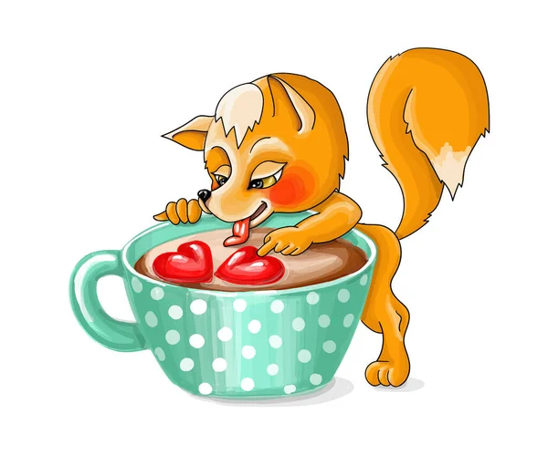Εικονογραφήσεις φορέα του Αγίου Βαλεντίνου, κόκκινη αλεπού πιάνει καρδιές στον καφέ — Διανυσματικό Αρχείο