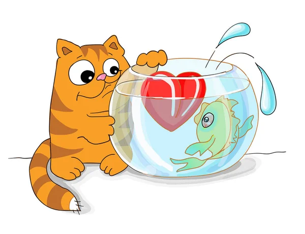 在情人节那天，胖胖的猫在水族馆里给心脏喂食 — 图库矢量图片