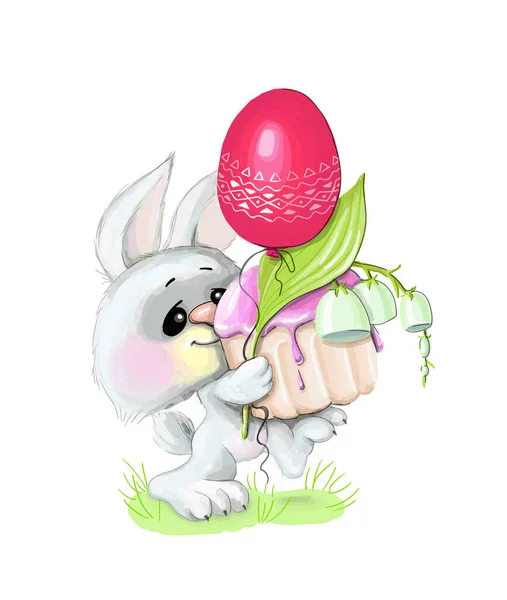 Векторная иллюстрация Heppy Easter.Cute кролик держит цветы лилии долины и красное яйцо — стоковый вектор