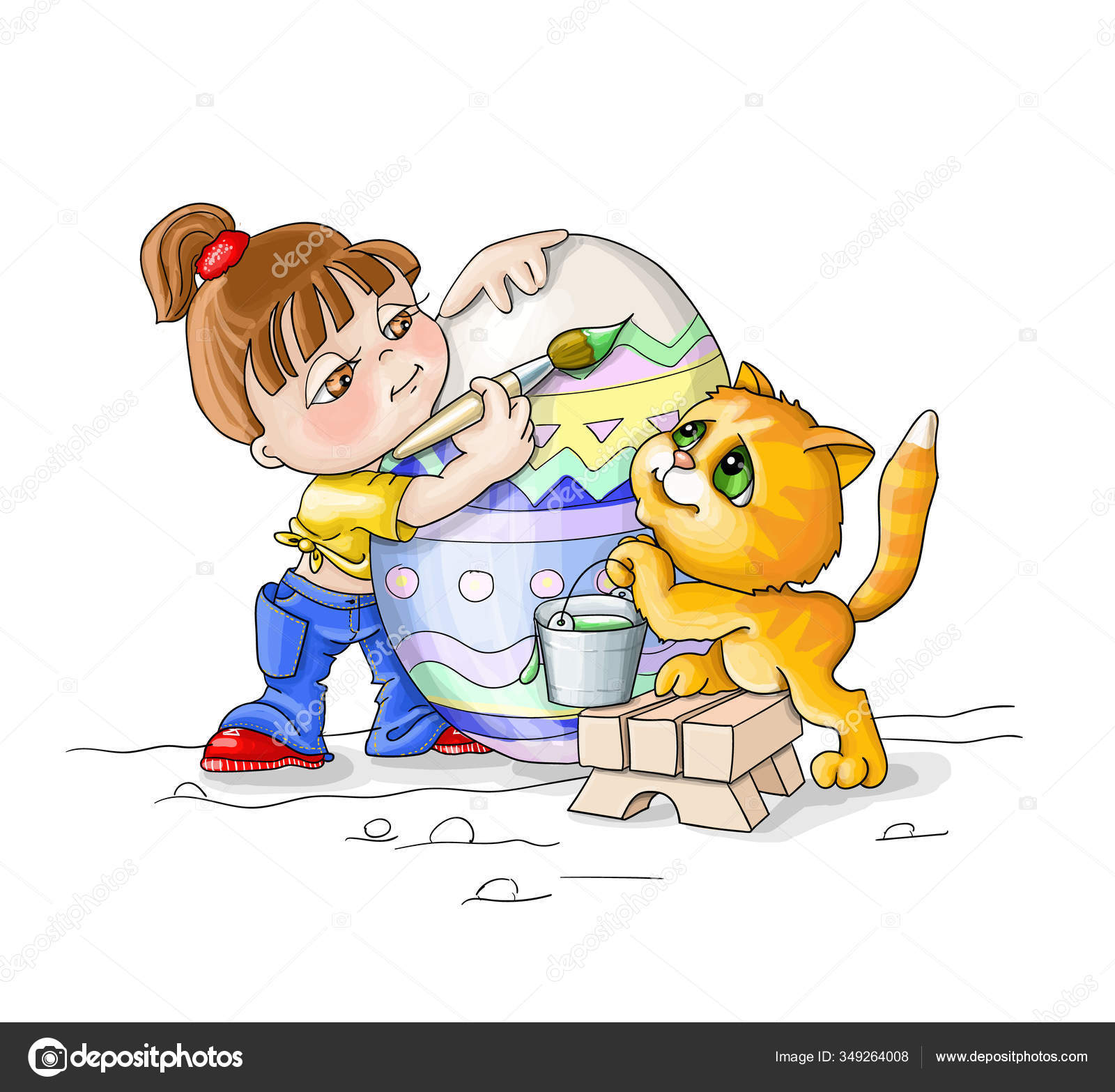 Векторная Иллюстрация Happi Пасха, Девушка И Рыжий Котенок Paing.