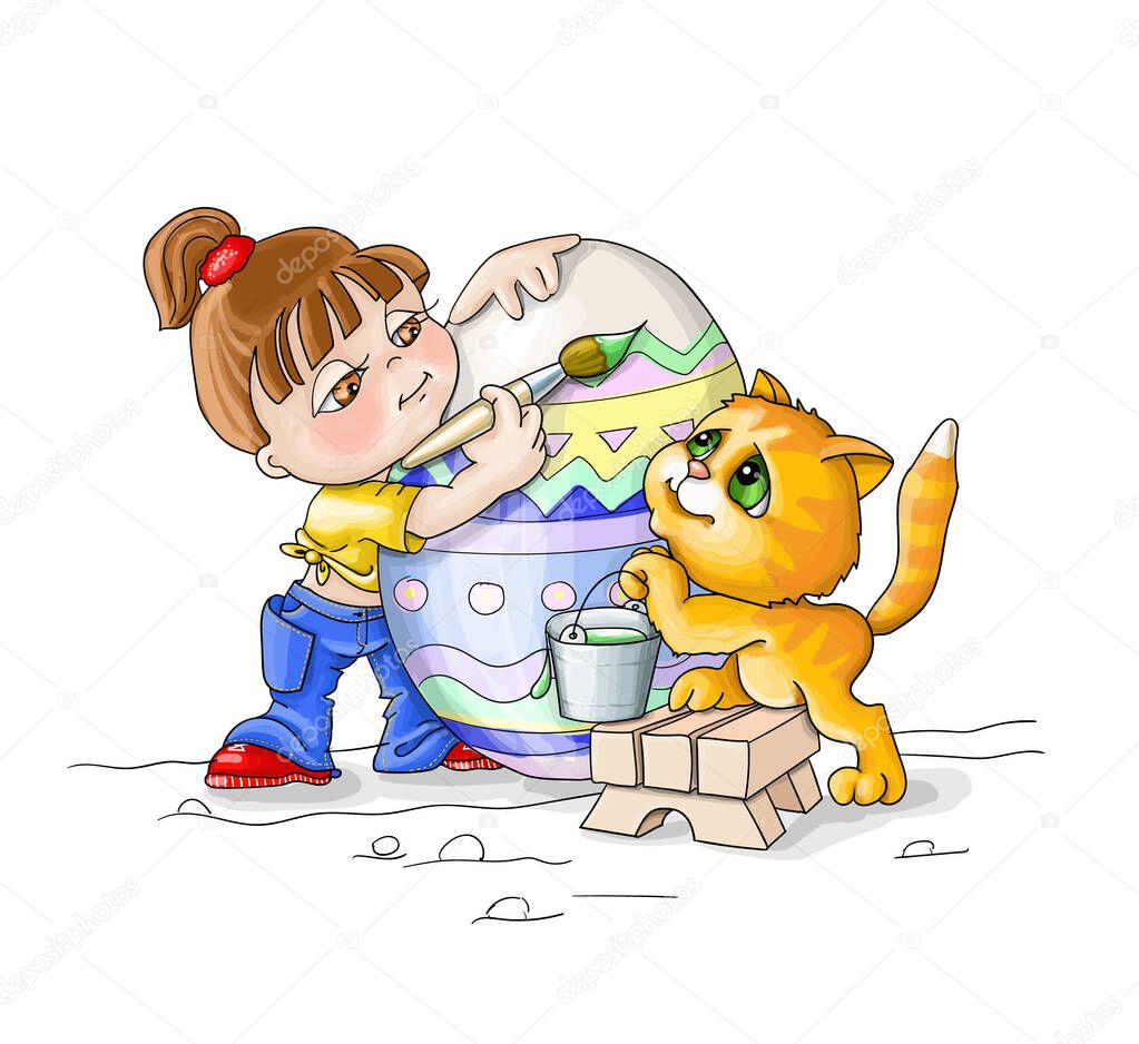 vector illustration Happi Easter,girl and ginger kitten paing an egg