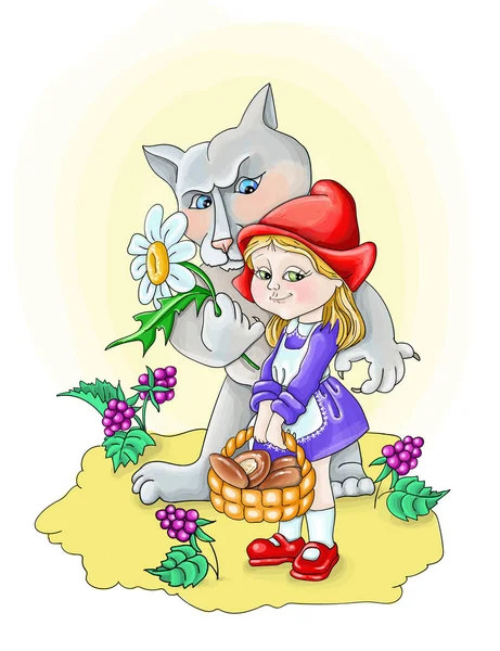 Vector illustration holiday greeting card gray wolf gives flowers to a girl — Stock Vector