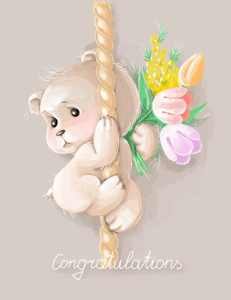 Vector illustration holiday greeting card ,bear hold a bouquet of flowers 图库矢量图片