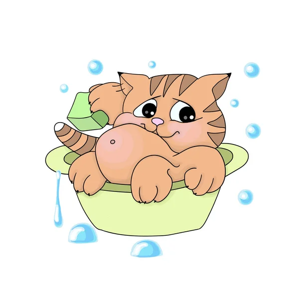 Çizgi film karakteri zencefilli tekir kedi yavrusunun tasvirleri havuzda yıkanır. — Stok Vektör