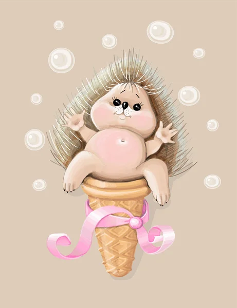 在节日贺卡中，刺猬坐在冰淇淋里 — 图库矢量图片