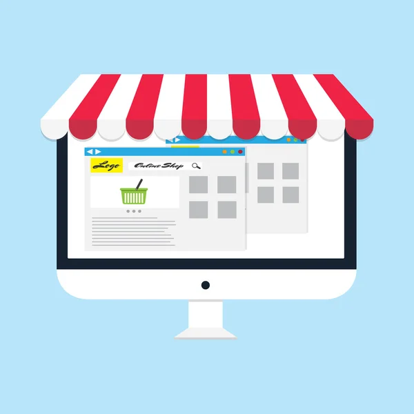 Flat vector business online shop Computer monitor Online Store icon — Stockový vektor