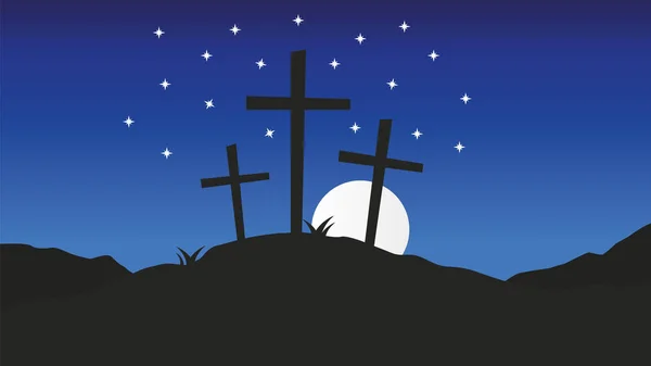 Drei Kreuze stehen auf golgotha.Karfreitag christlicher Vektor Hintergrund Illustration — Stockvektor