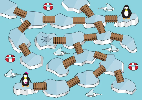 Islanda labirinto gioco per bambini Num.05 Pinguino salvataggio ragazza labirinto con shark.Vector puzzle illustrazione colorbook sfondo Vettoriale Stock